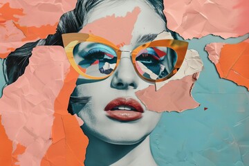 Abstract modern art collage portrait of fashionable young woman, trendy paper composition, digital illustration