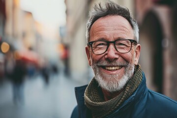Portrait of happy senior man in eyeglasses on a city street