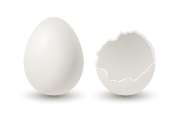 Vector 3d Realistic White Chicken Eggs. Broken Chicken Egg, Cracked Two Parts, Opened Crack Raw Chicken Egg With Yolk Closeup Isolated. Vector Eggs Isolated. Half Egg in Front View