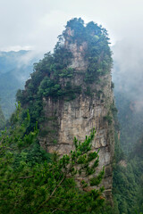 Sandstone pillars rise above the lush forest of Zhangjiajie National Forest Park in Wulingyuan...
