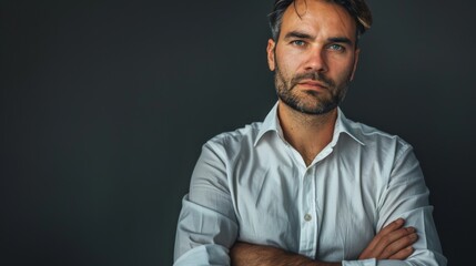 Obraz premium A portrait Businessman modern confident creative person. Professional. Dark Background for copy space.