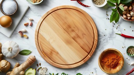 Fototapeta na wymiar an empty round chopping board on a marble counter, surrounded by ingredients to make a Malay dish, chicken rendang.