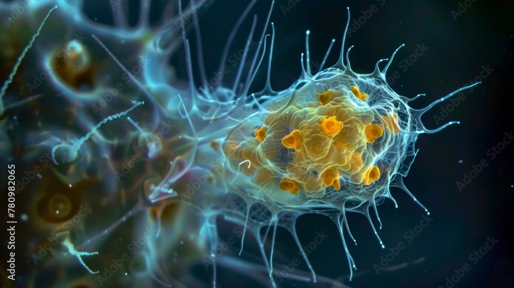 Poster the beauty of this microscopic image of a protozoan is under by its vicious nature as it clings to t