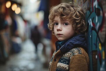 Portrait of a cute little boy with curly hair in a city street