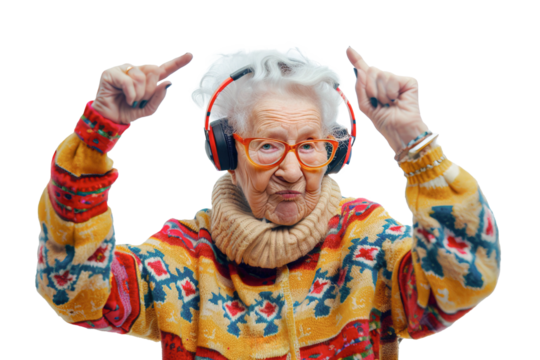 Cool funny Caucasian granny wearing colorful hipster clothes listening to music with wireless headphones. Posing over white transparent background