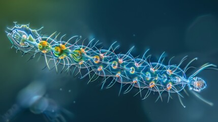 A microscopic image of a diatom in motion with its long hairlike projections flowing gracefully through the water. - obrazy, fototapety, plakaty
