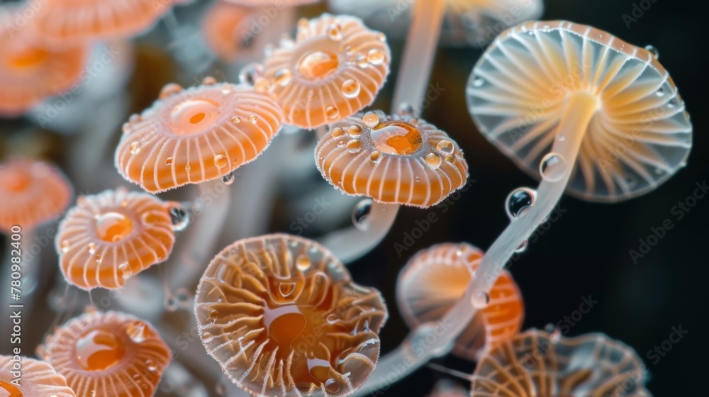 Poster highresolution image of fungal fruiting bodies featuring delicate structures with intricate patterns
