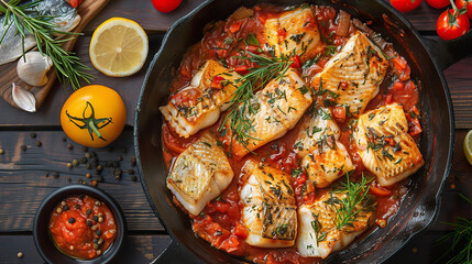 Grilled fish fillets in a rich tomato sauce with herbs, top view