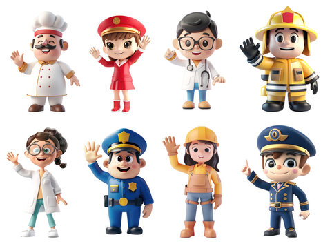 3D cartoon characters of different professions over isolated transparent background