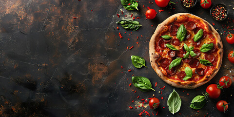 Neapolitan salami pizza banner with fresh basil on dark backdrop