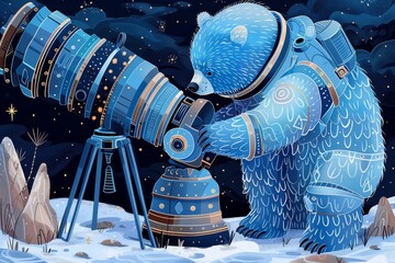 A lumbering bear in a bulky spacesuit, dwarfed by a massive telescope - obrazy, fototapety, plakaty