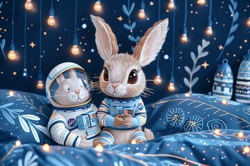 A nervous rabbit clutching a spacesuit plushie - obrazy, fototapety, plakaty