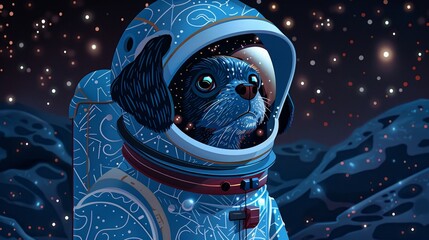 A stoic dog in a spacesuit helmet, visor reflecting the stars - obrazy, fototapety, plakaty