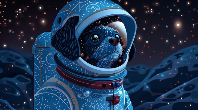 A stoic dog in a spacesuit helmet, visor reflecting the stars