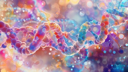 Fototapeta premium Images of DNA molecules and genetic sequences, visualized through colorful diagrams and illustrations, highlighting the principles of heredity, gene expression, and genetic variation