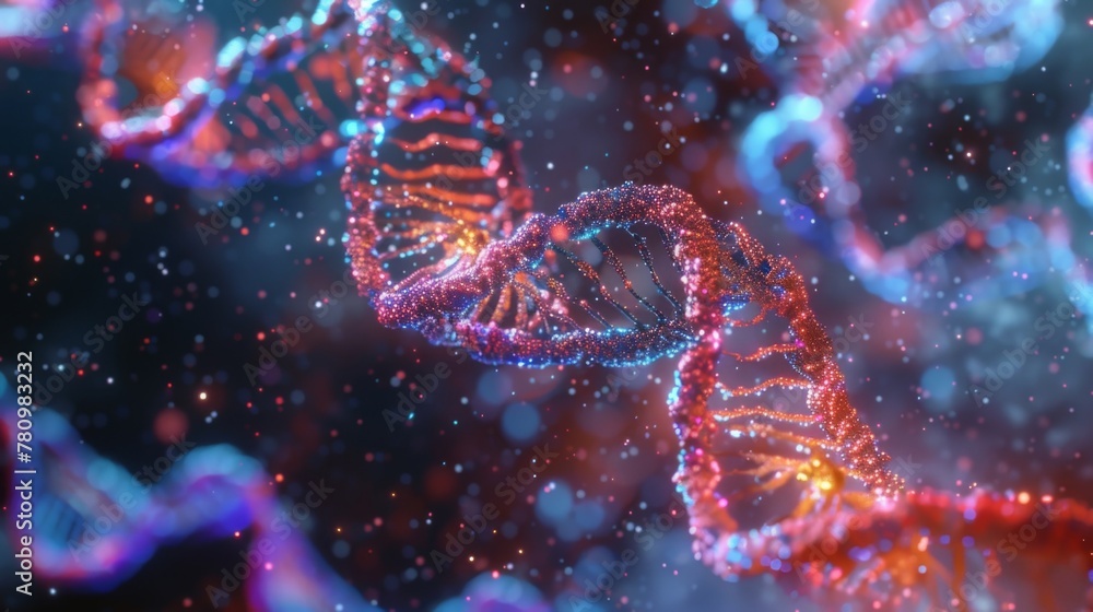 Poster an image of a cell undergoing the process of dna replication with multiple identical strands of dna 