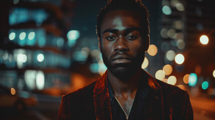As the city lights fade into the background a black man exudes a sense of strength and vulnerability. His velvet jacket and piercing eyes speak to the dualities of being a black individual . - obrazy, fototapety, plakaty