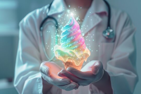 A glowing, holographic icecream is cradled in the hands of a person in a white lab coat, suggesting a medical professional or a high-tech healthcare concept.