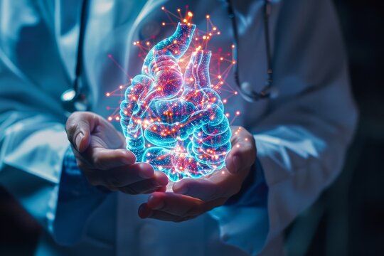 A glowing, holographic intestines is cradled in the hands of a person in a white lab coat, suggesting a medical professional or a high-tech healthcare concept.