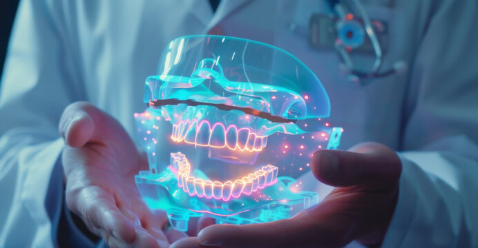 A glowing, holographic jaw is cradled in the hands of a person in a white lab coat, suggesting a medical professional or a high-tech healthcare concept.