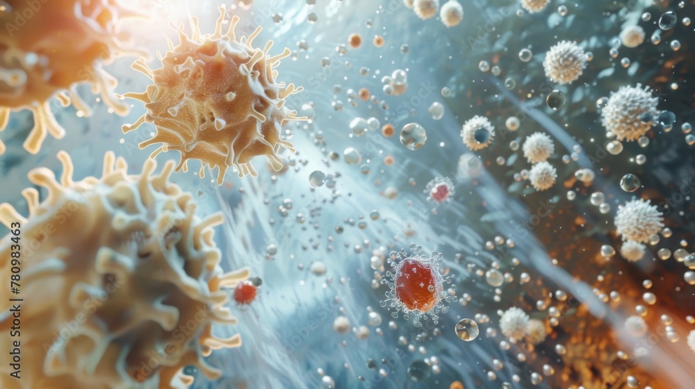 Poster an image of an army of white cells in action attacking and destroying diseased cells and pathogens i