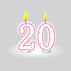 Candles display number twenty. Milestone celebration symbol. Confetti adorned elegance. Vector illustration. EPS 10.