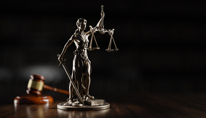 Legal Concept: Themis is the goddess of justice and the judge's gavel hammer as a symbol of law and order - 780983662