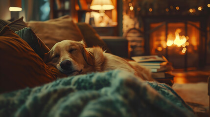A golden retriever dozing off on a couch with a warm fireplace in the background, evoking a feeling of warmth and comfort