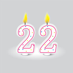 Candles form twenty two. Adult milestone symbol. Confetti dot charm. Vector illustration. EPS 10.
