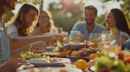 A cheerful group of friends gathered around a table outside, enjoying a meal and each other's company