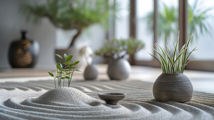 A tranquil Zen garden with beautifully raked sand surrounded by pottery and natural elements - obrazy, fototapety, plakaty