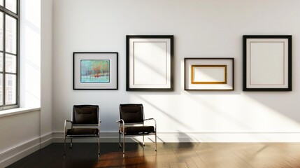 Two chairs in front of a white wall with photographs, exhibition