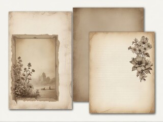 set of vintage painted papers botanical elements