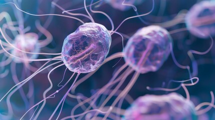 A microscopic image of Giardia lamblia a that causes the intestinal giardiasis. The image shows the ovalshaped with hairlike structures