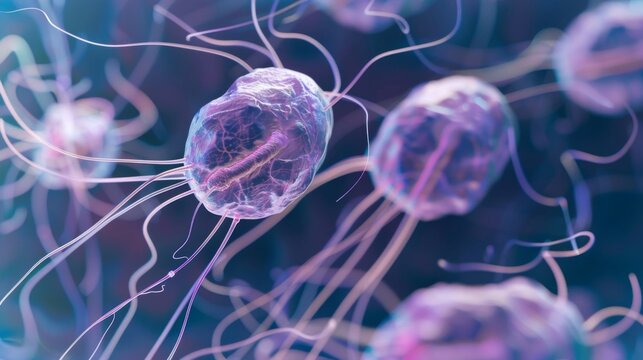 A microscopic image of Giardia lamblia a that causes the intestinal giardiasis. The image shows the ovalshaped with hairlike structures