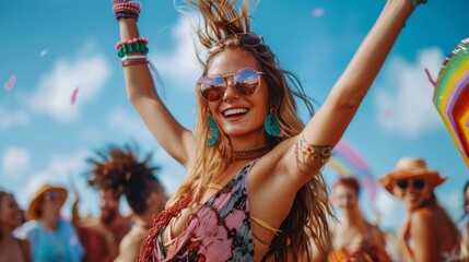 Euphoric young woman with sunglasses dancing, arms raised, enjoying a vibrant summer festival under...