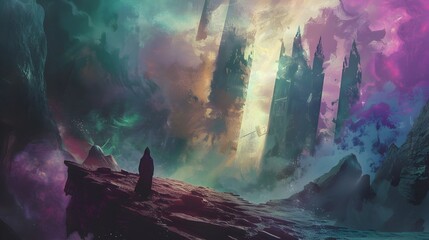 Gothic-style Abstract Art with Futuristic Sci-Fi Town and Colorful Sky - obrazy, fototapety, plakaty