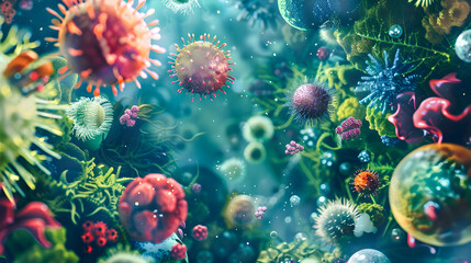 Fototapeta na wymiar Abstract 3D Illustration of Bacteria and Viruses in Marine Life