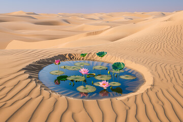 In the sand desert under the scorching sun, between dunes, there is a irregular shaped small pond with lotuses growing in --ar 3:2 --v 5.2 Job ID: ffa09a65-176e-4014-890c-99baeba80685