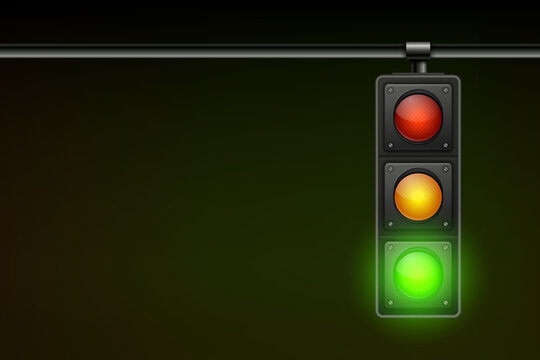 Vector Realistic Hanging Traffic Signal with Green Light. Traffic Light with Glowing Green Prohibiting Signal Isolated on Black Background