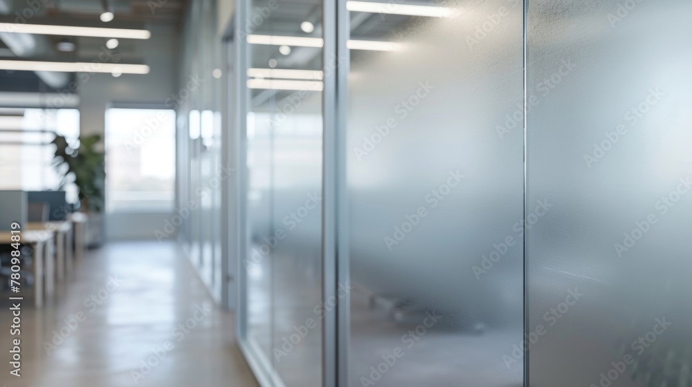 Poster along the walls of the office frosted glass partitions create designated spaces for brainstorming an