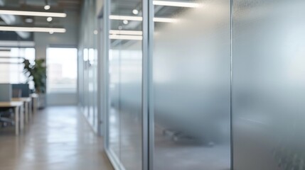 Along the walls of the office frosted glass partitions create designated spaces for brainstorming and impromptu meetings. The frosted finish provides a level of privacy while still . - obrazy, fototapety, plakaty