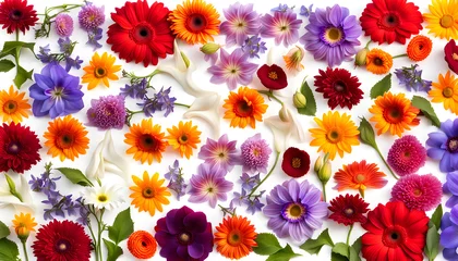 Outdoor-Kissen Group of scattered fresh pansy gerbera carnation poppy sunflower and periwinkle flowers © Spring of Sheba