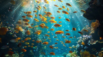 a beautiful underwater photograph of a school of fish, blue, quality rendering