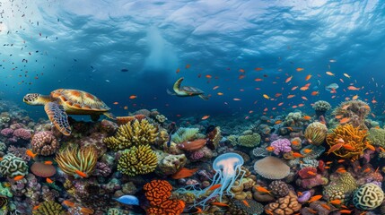 A colorful coral reef full of turtles, jellyfish resting on a coral reef