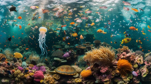 A colorful coral reef full of turtles, jellyfish resting on a coral reef, A mesmerizing background image capturing the vibrant colors of the ocean currents and a variety of fish species
