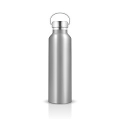 Vector Realistic 3d Silver Color Metal Blank Glossy Reusable Water Bottle with Silver Bung Closeup Isolated on White Background. Design Template of Packaging Mockup. Front View