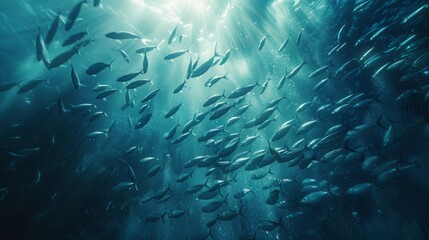 a school of fish swimming at open water - obrazy, fototapety, plakaty