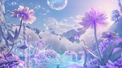 Enchanted Fantasy Landscape with Bubbles and Flowers