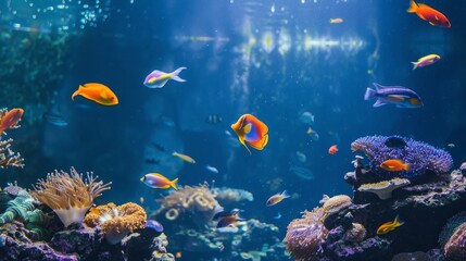 Naklejka na ściany i meble an image of a tropical reef with fish swimming, aqua blue water, vivid color --ar 16:9 --style raw --stylize 50 Job ID: 21a9098e-aa5b-40bf-afe5-64e8fb666677